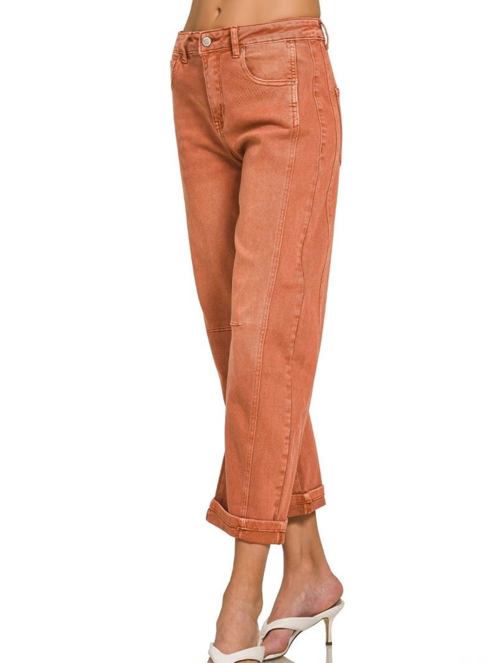 NEW🧡Zenana Barrel Leg Cropped Fit Cuffed Denim Jeans Rust Small - Picture 2 of 4